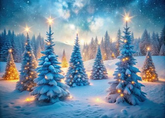 Fototapeta premium Serene Winter Scene with Illuminated Blue Christmas Trees and Soft Snow