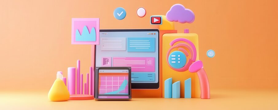 Digital marketing analysis with social graphs and analytics icons, data-driven strategy, 3D illustration