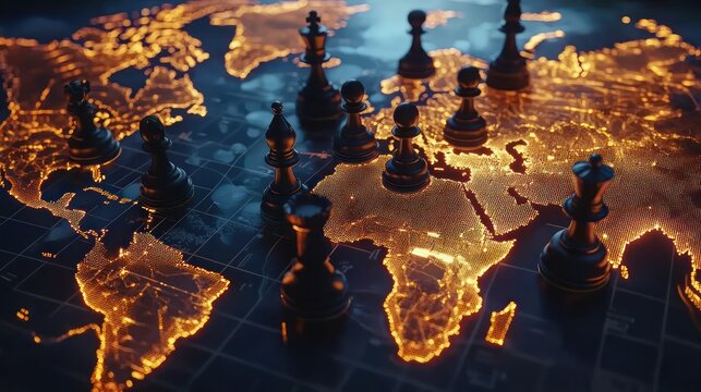 Fototapeta Detailed 3D model of a geopolitics icon featuring a world map and chess pieces for strategy.