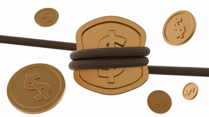 A gold coin with dollar sign is tied tightly with a thick, brown rope. The rope runs horizontally; 3d rendering