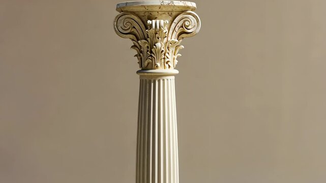 A fluted, white column with an ornate capital stands against a beige background