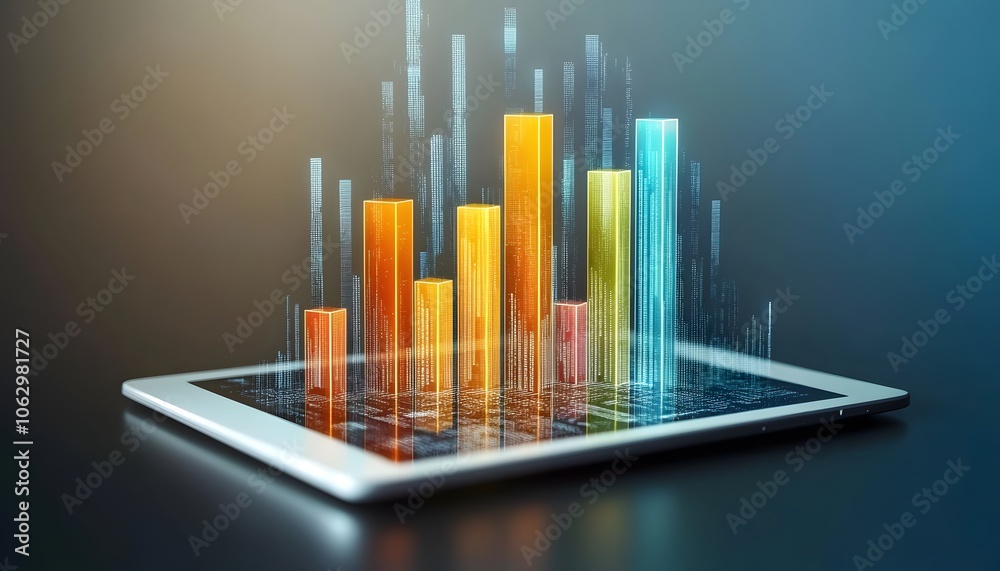 Poster dynamic growth chart displayed on a tablet, showcasing colorful bar graphs and data visualization in