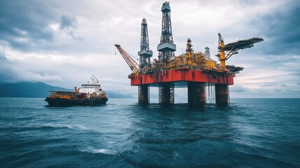 An offshore oil rig with a supply vessel nearby, demonstrating