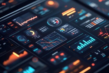Financial data analysis on futuristic screens, glowing metrics and data points, 3D illustration