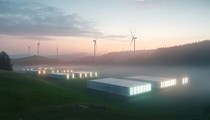 Serene landscape featuring wind turbines and illuminated structures amidst morning fog, showcasing sustainable energy and tranquility.