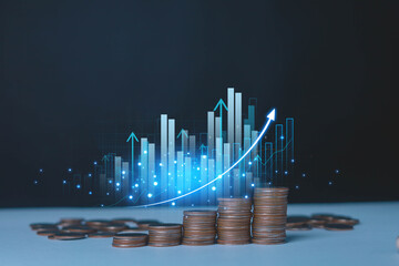 Fund investment concept, interest rate and dividend, Symbol and arrow pointing up on coins instead...