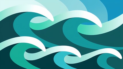 An abstract illustration of ocean waves with a palette of blues and greens.