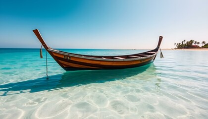Obraz premium Wooden boat anchored calmly in clear turquoise water under a bright sky at a tropical beach 