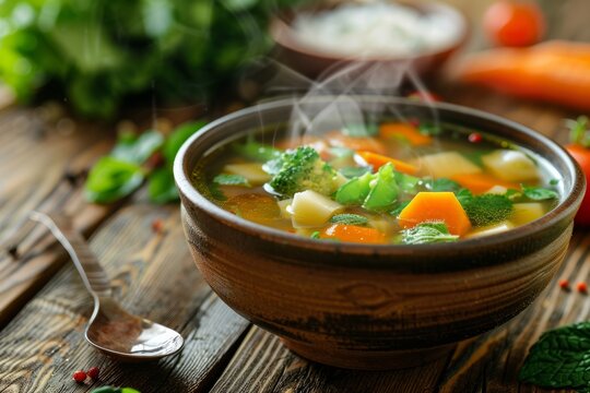 Steaming ozoni soup with mochi and vibrant vegetables in a traditional Japanese bowl on a wooden table
