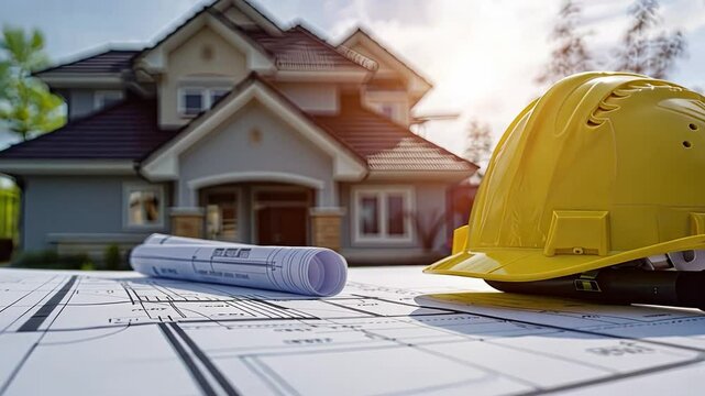 Dream Home Blueprint:  A yellow hard hat rests on architectural blueprints, with a luxurious new house in the background, symbolizing construction, planning, and the realization of a dream home. 