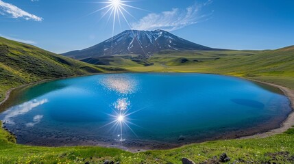 Scenic View Of Volcanic Lake With Crystal Clear Blue Water On Sunny Day. Mountain Lake Landscape