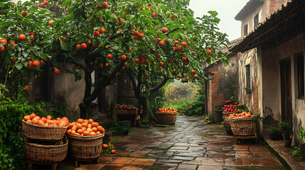 Obraz premium Traditional Orange Market, wallpaper, A place to buy delicious oranges in the midst of a traditional local community environment.