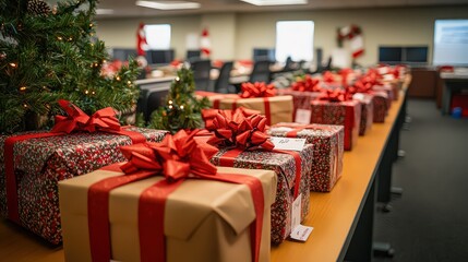  Row of Christmas gifts wrapped with red bows on office desks, creating a festive atmosphere in a corporate setting.