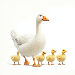 Obraz premium Happy cute mother goose and baby geese illustration on a white background