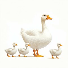 Obraz premium Happy cute mother goose and baby geese illustration on a white background
