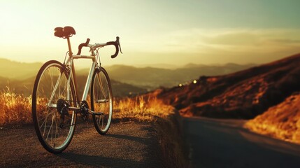 Fototapeta premium A sleek bicycle parked on a winding road during sunset, highlighting leisure and adventure.