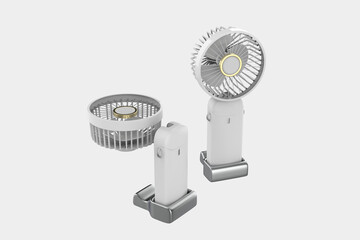 Portable rechargeable mini fans. Portable fans that can be easily carried everywhere. Close-up of tosca portable fans. 3d illustration