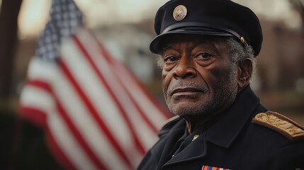 Obraz premium Portrait of a veteran wearing military attire with an American flag in the background, symbolizing honor, service, and patriotism.