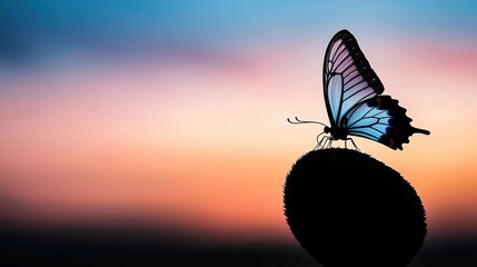 Butterfly perched on an acorn against a colorful sunset background
