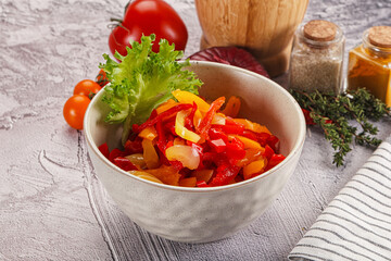 Diced raw bell red and yellow pepper