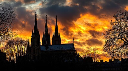 Naklejka premium Silhouette of cathedral against a dramatic sunset sky.