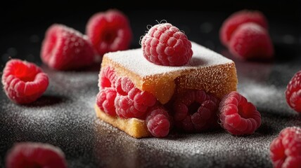 A dessert with vibrant raspberries, dusted with sugar against a dark background