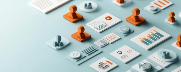 HR data analysis with employee icons and statistical graphs, organized personnel metrics, 3D illustration