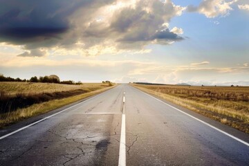 Naklejka premium Scenic Open Highway Under a Dramatic Sky: Endless Road Surrounded by Fields and Golden Light, Perfect for Travel and Adventure Themes