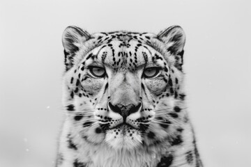 Obraz premium Majestic Snow Leopard Portrait: Striking Black and White Close-Up Capturing Intense Eyes and Unique Spot Patterns, Emphasizing Wild Beauty and Grace.