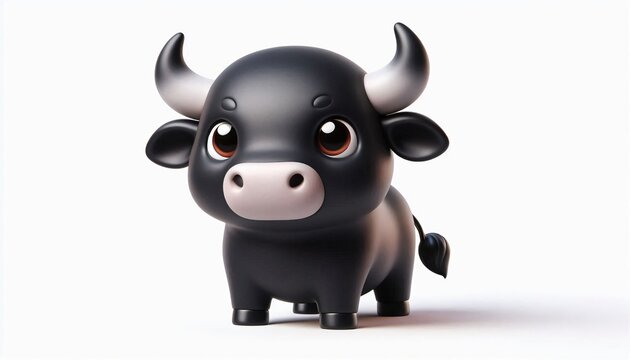 Cute Cartoon Black Bull with Horns  D Rendering