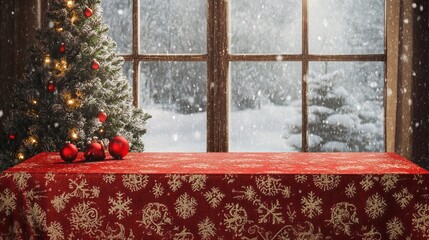 Celebrate Christmas and New Year with a festive red tablecloth, set against a twinkling Christmas tree and a window framing a snowy winter scene.