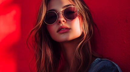 A young woman wearing sunglasses poses confidently against a vibrant red wall in sunlight