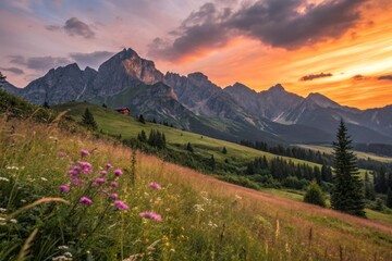 Fototapeta premium Breathtaking Sunset Over Tatra Mountains in Poland Showcasing Rugged Peaks and Vibrant Colors