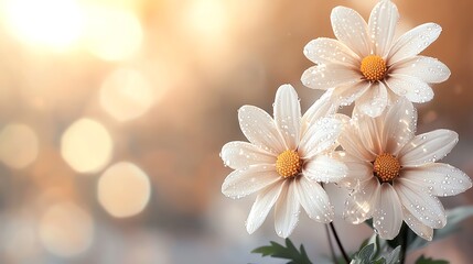 Dewdrops on flower petals in sunlight, intricate details, high contrast, soft background blur, natural elegance