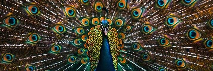 Obraz premium Stunning Male Peacock Displaying Vibrant Plumage, Showcasing Brilliant Feathers in a Colorful Fan, Set Against a Natural Background