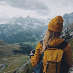  Female traveler with yellow backpack and beanie photographing scenic mountains