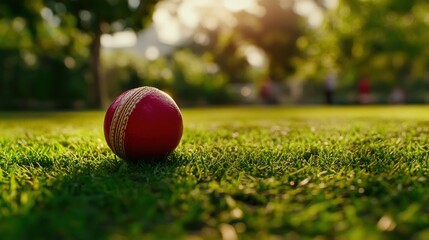 A close-up of a cricket ball resting on green grass in a sunny park setting.