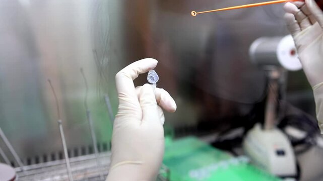 Scientist in laboratory using orange pipette and gloves to handle test tube, showcasing precision and care in sterile environment for scientific research.