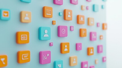 Colorful digital icons on a blue background, representing connectivity, technology, and user engagement in modern design.