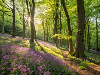 Lush Green Summer Forest with Towering Trees and Fresh Leaves Bathed in Soft Dappled Sunlight