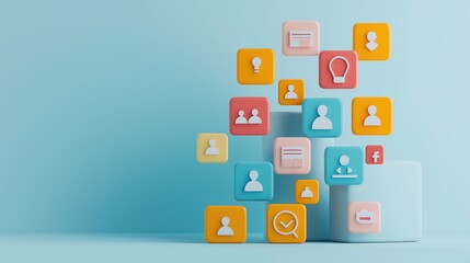 Colorful social media icons arranged creatively, representing digital communication and networking concepts on a blue background.