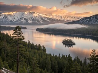 Majestic Dawn Over Lake Tahoe: A Serene Landscape of Nature's Beauty in California's Mountains