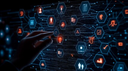 Futuristic interface with hand interacting with digital icons on a glowing network. Represents technology and connectivity.