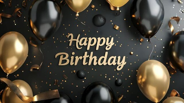 Happy birthday text on festive background with gold and black balloons and golden confetti