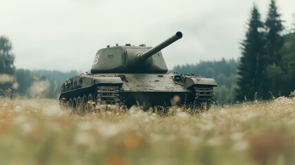 Fototapeta premium Abandoned tank surrounded by lush overgrowth, a haunting reminder of the past in nature's embrace.