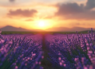Naklejka premium Lavender field at sunset with a blurred background of mountains.