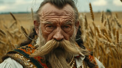 Portrait of an Old Man with a Long Beard and Traditional Clothing Standing in a Wheat Field