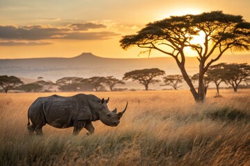 Fototapeta premium Majestic Rhinoceros in Vibrant African Savanna Capturing the Essence of Naturalistic Wildlife Beauty