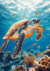 Fototapeta premium Underwater Adventures, Celebrating the Happiness of Sea Turtles in Motion