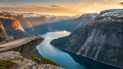 Panoramic View of Trolltunga Rock Overlooking Deep Blue Fjord Surrounded by Majestic Mountainscape